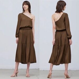 Grade & Gather Brown One Shoulder Tiered Maxi Dress Cottagecore Fairy Witchy Y2K